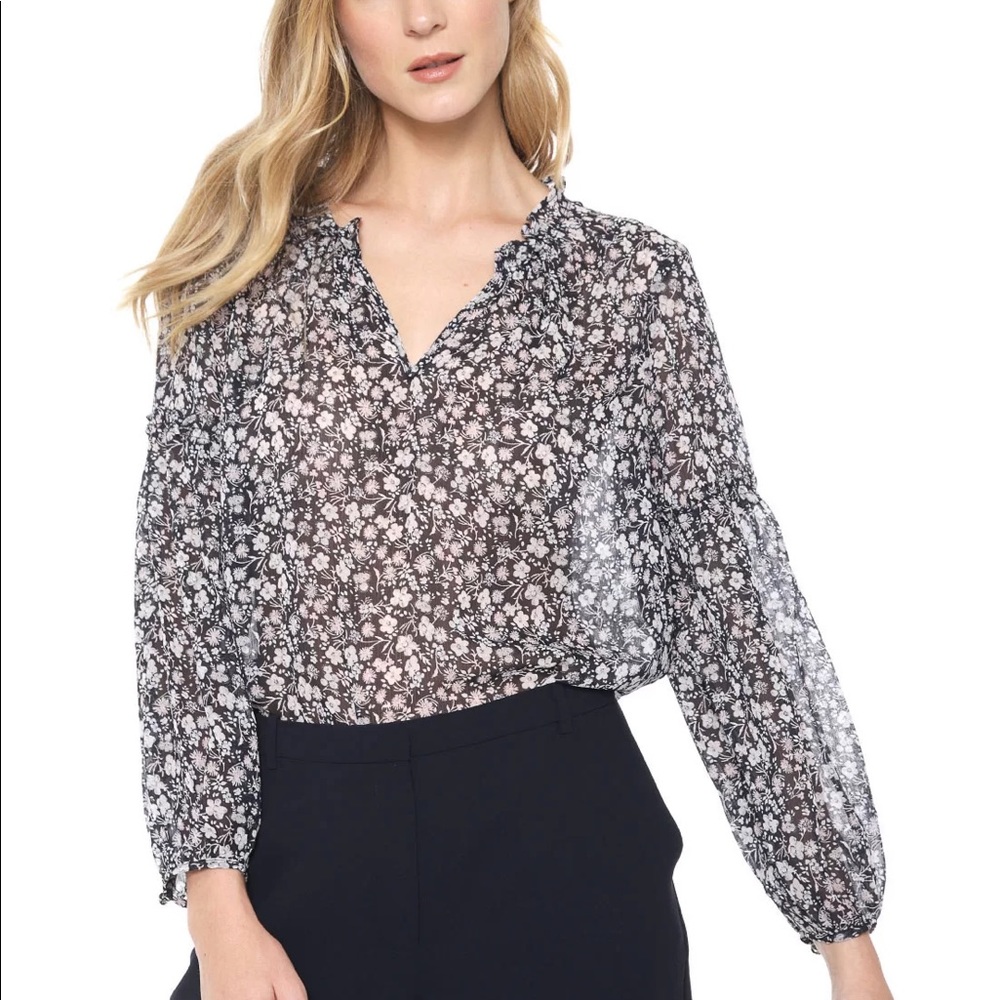 Banana Republic navy floral split neck ruffle top